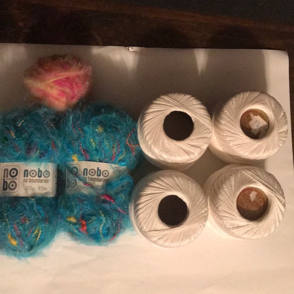 4 Skeins Wh 3 Cord Crochet &
2 Skeins NoBo yarn